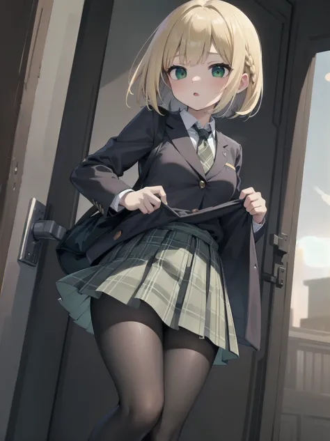 Top-High quality、Highest image quality、masterpiece、high contrast、Elegant、erotic expression、high school girl、blonde、Bob cut braids、uniform、(brown blazer)、ribbon tie、(Green and gray plaid skirt)、(black tights)、cinematic lighting、fine shading、cute、Truly unbel...