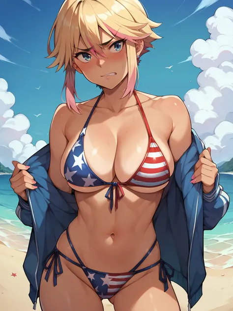 score_9, score_8_up, score_7_up, kill la kill, matoi rykou, 1girl, solo, outdoors, beach, flag bikini, american flag bikini, American flag, tomboy, shy, blush, gyaru