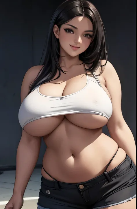 (best quality, masterpiece:1.2), Sketch full view of a hot looking fair skin 29 year old woman standing in front of us. She has brown eyes and long straight black hair. She has big breasts, playful smile. She has a nice curvy physique. She is wearing a cro...