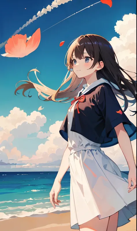 (highest quality, HDR, masterpiece, 8K, super detailed:1.2), cinematic angle, shine, shiny skin, Backlight, particles of light,
outdoor, Day, まだらのDay差し, Ocean, beach, skyline, blue sky, beautiful clouds, gradation sky, contrail,
1 girl, alone, cowboy shot,...