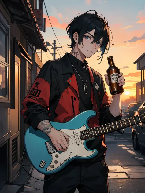 Well done guy, Italian, a vampire, black bob, Blue eyes, electric guitar, shoulder tattoo, grunge punk clothes, against the backdrop of a dysfunctional city, sunset, A bottle of beer in hand, bold