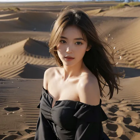 highest quality, masterpiece, ultra high resolution, (realistic:1.4), Raw photo, 1 girl, beautiful face、off shoulder, in the dark, deep shadow, discreet key, cold light, Where you can see the Telis cloud,dunes、Autumn clouds、(Woman in Black Dress)、High heel...