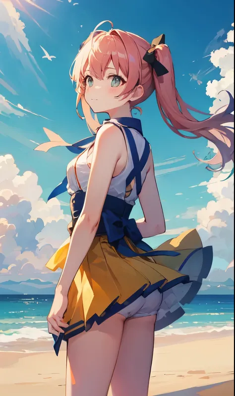 (highest quality, HDR, masterpiece, 8K, super detailed:1.2), cinematic angle, shine, shiny skin, Backlight, particles of light,
outdoor, Day, まだらのDay差し, Ocean, beach, skyline, blue sky, beautiful clouds, gradation sky, contrail,
1 girl, alone, cowboy shot,...