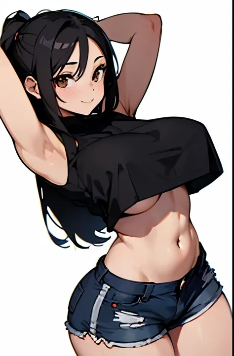 (best quality, masterpiece:1.2), Sketch full view of a hot looking fair skin 29 year old woman standing in front of us. She has brown eyes and long straight black hair. She has big breasts, playful smile. She has a nice curvy physique. She is wearing a cro...