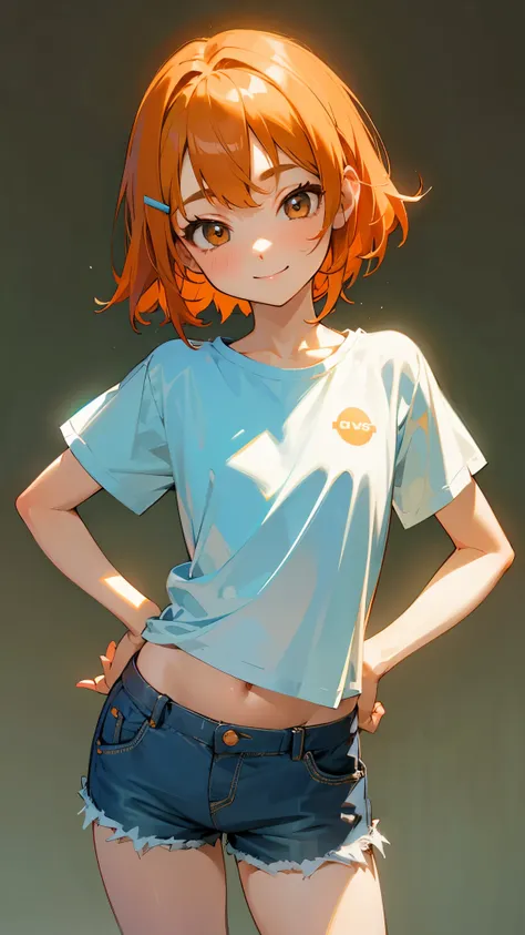 1 girl、cowboy shot、simple t-shirt、light blue medium hair、beautiful brown eyes、orange hair clip、flat chest、smile、put your hands o...