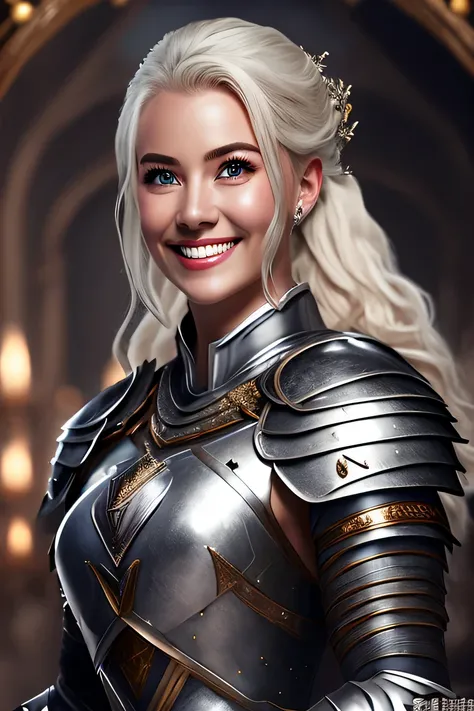 ８ｋ、female knight、The background is a room in a castle.、Luxurious Silver Armor、full body photo、hairstyle short cut、smile、beautiful teeth、ear piercing、white woman、blonde hair、blue eyes、heavy makeup、