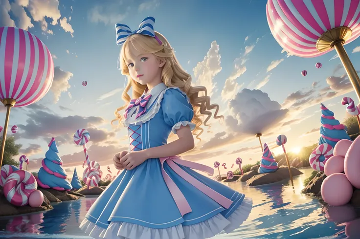 In the whimsical world of Alice in Wonderland of Sweets, a young girl dressed in a blue and white checkered dress with a matching bow in her hair explores a surreal landscape of towering candy canes, floating marshmallows, and bubbling rivers of chocolate....