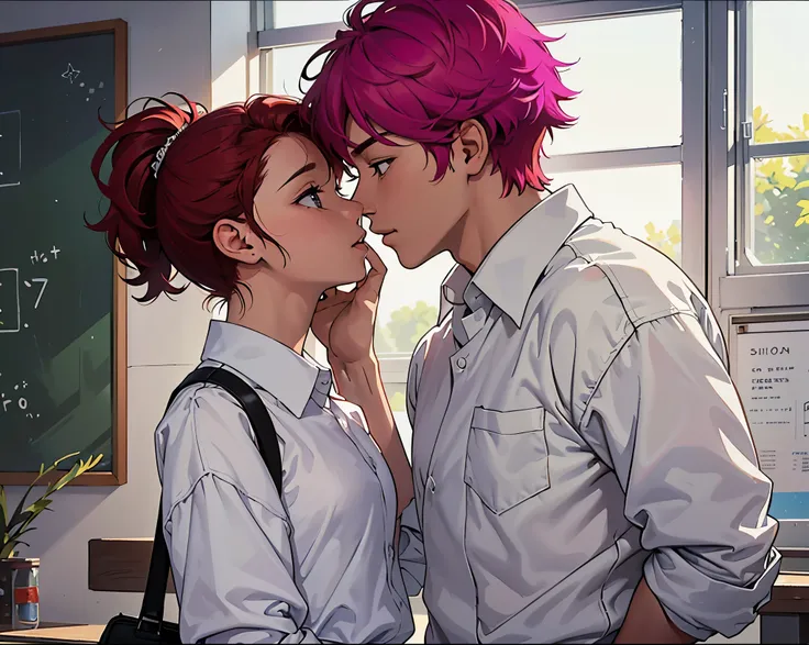 Girl and boy standing together, Chica tocando la cara del chico. chica larga, cabello purpura, Y un corto juvenil, cabello rojo. They are both dressed in white school shirts.. se acercan mucho  besan de pie en el aula. CHICO CON EL PELO CORTO Y morado. the...