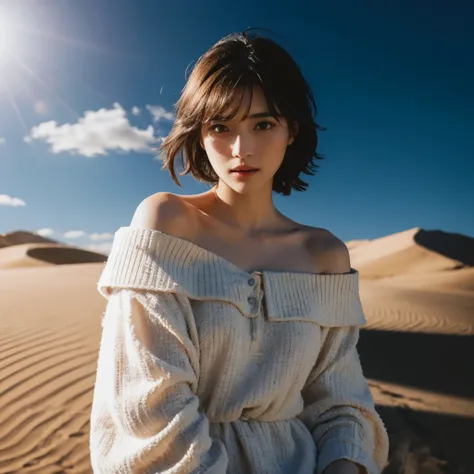 highest quality, masterpiece, ultra high resolution, (realistic:1.4), Raw photo, off shoulder, in the dark, deep shadow, discreet key, cold light, Where you can see the Telis cloud,sand漠、Desert Rose、sand、