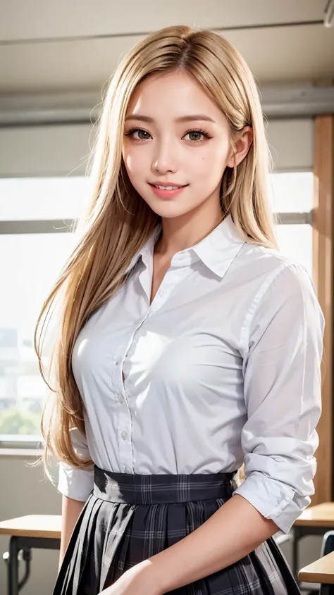 Realistic, masterpiece, highest quality, highest resolution, one Japanese high school girl, 16 years old, upper body photo, She narrows her eyes and looks at me with a shy smile and a smile, smiling with open mouth, Beautiful and detailed eye drawing, (dro...