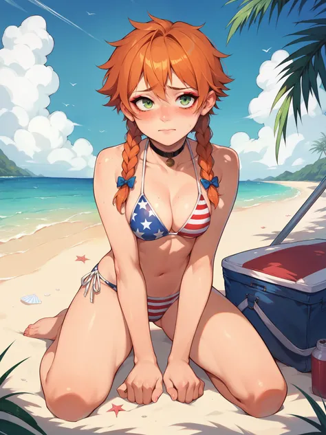 score_9, score_8_up, score_7_up, ginger hair, pigtails, braided pigtails, freckles, pale  green eyes, red eyeshadow, 1girl, solo, outdoors, beach, flag bikini, american flag bikini, American flag, tomboy, shy, blush, kneeling, choker