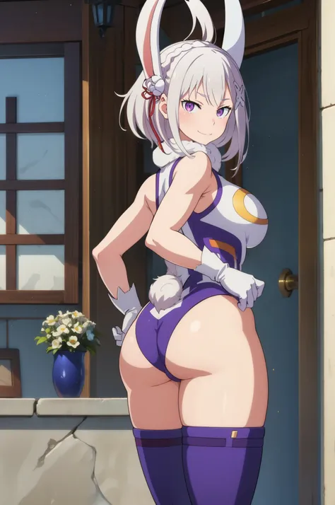 (masterpiece, best quality), Emilia re:zero, purple eyes, Emilia, crown braid, x hair ornament, flower hair ornament, white hair, long hair, medium breasts, standing, from side, ass lift, curvy, mature female, smirk, looking at viewer, mrkcosp, sleeveless ...