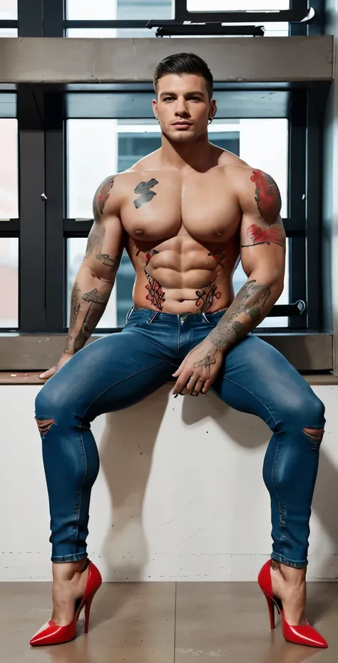 A muscular  hunk man with very short hair, tight jeans, red heels, earrings, padded bra ,tattoos,nylons ,bra