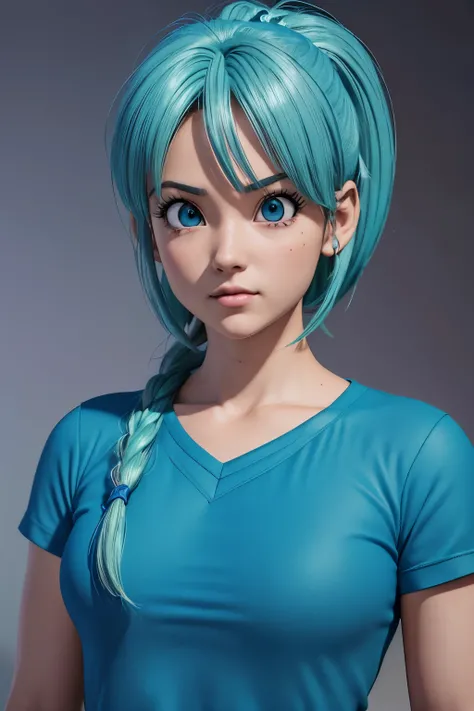 (( muy hermosa)), (( sensual)) ,(( cabello corto)),  (( cabello azul )), solo rostro(( rostro detallado),  ((retrato)), un primer plano de una mujer con cabello verde y una camisa amarilla, retrato, caballeros del zodiaco, , Bulma de Dragon Ball, estilo an...