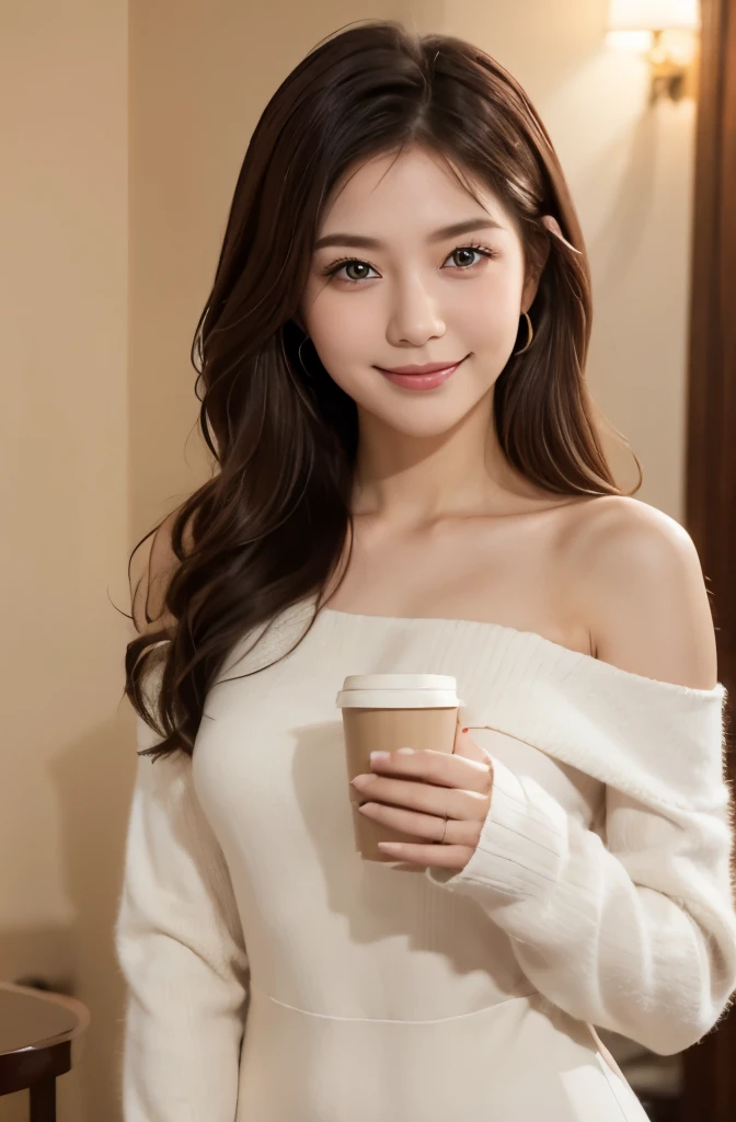 Beauty　Spring knit dress　show your shoulders　whole body　Coffee cup　Morning Hotel　smile