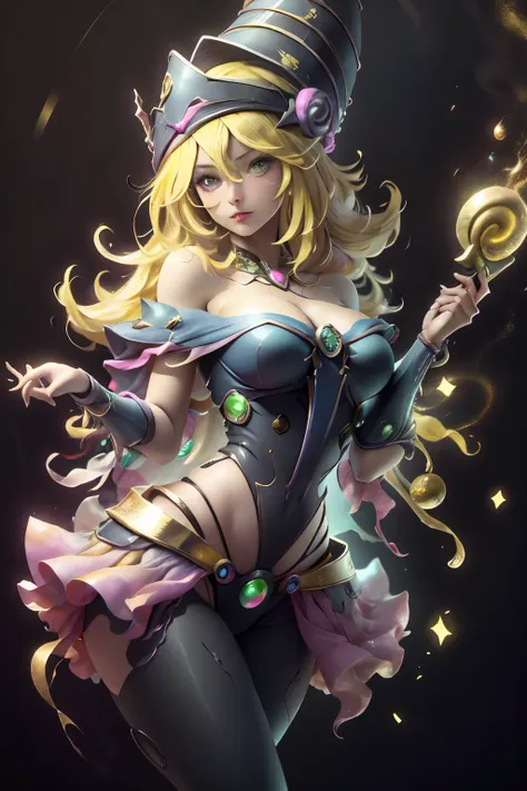 (8K,fotorrealista raw photography the highest quality;1.4) (1chica en) Super belleza (cara realista) cuerpo femenino (Rubia de rizos largos) Hold a black and red magic wand Escena de combate Magic hat with black and gold exterior Beautiful expression Des...