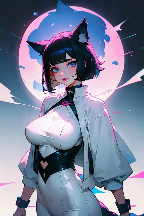 Girl, short black hair((Wolf cut))Wide white clothes, blue eyes, pink lipstick, big breasts, ((wolf cut for girl))