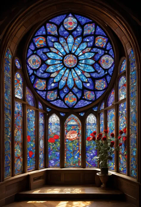 Nun,praying,The image depicts a vibrant and captivating rose window, a circular design that exudes a sense of both elegance and enchantment. Composed primarily of blue, purple, and red hues, the window exudes a sense of warmth and richness, evoking a feeli...