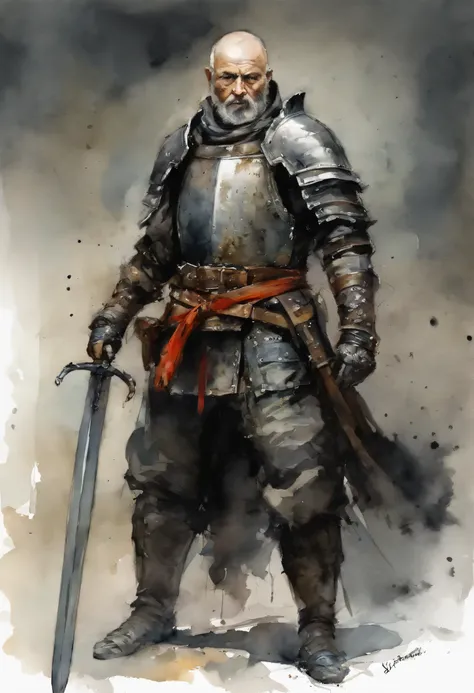 human male, dark armour, full plate, heavier armor, sword in hands, no helmet, canvas, balding older male, short beard, sword in his hand, Yoji Shinkawa style