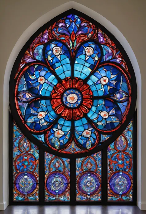 a num is praying,Nun,praying,The image depicts a vibrant and captivating rose window, a circular design that exudes a sense of both elegance and enchantment. Composed primarily of blue, purple, and red hues, the window exudes a sense of warmth and richness...