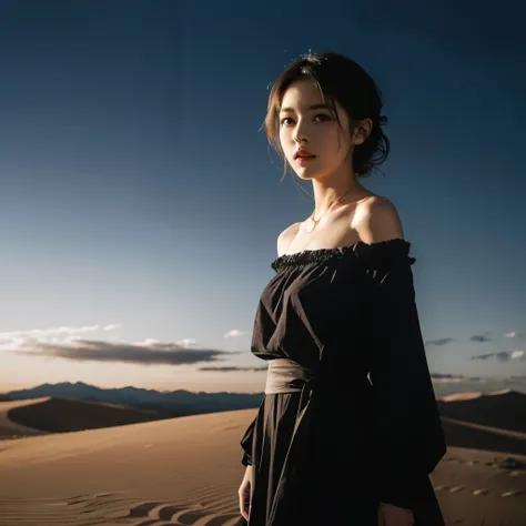 highest quality, masterpiece, ultra high resolution, (realistic:1.4), Raw photo, off shoulder, in the dark, deep shadow, discreet key, cold light, Where you can see the Telis cloud,sand漠の風景、Desert Rose、sand、Dawn Moon、Clouds at night、