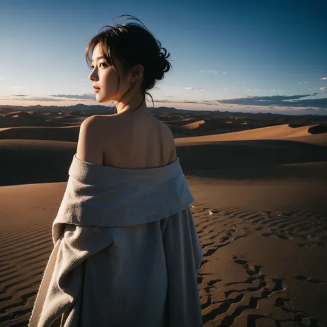 highest quality, masterpiece, ultra high resolution, (realistic:1.4), Raw photo, off shoulder, in the dark, deep shadow, discreet key, cold light, Where you can see the Telis cloud,sand漠の風景、Desert Rose、sand、Dawn Moon、Clouds at night、