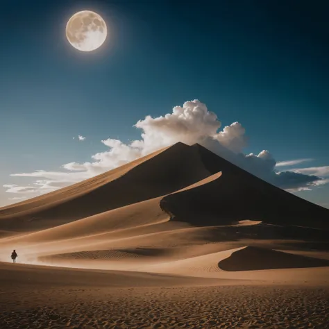 highest quality, masterpiece, ultra high resolution, (realistic:1.4), Raw photo, off shoulder, in the dark, deep shadow, discreet key, cold light, Where you can see the Telis cloud,sand漠の風景、Desert Rose、sand、Dawn Moon、Clouds at night、