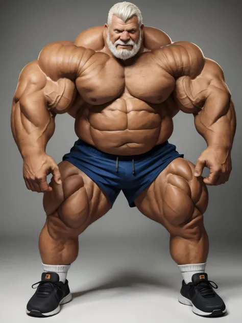 (best quality,4k,8k,highres,masterpiece:1.2),ultra-detailed,(realistic,photorealistic,photo-realistic:1.37),((massive muscular)) ((huge Muscular)) chubby old man standing in photo studio, simple background, , shorts and shoes, white hair, super thick arms,...