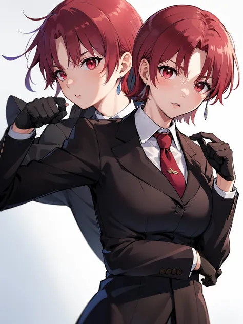 (masterpiece, best quality:1.2), bazett, fgo, 1girl, solo, short hair, red hair, bangs, red eyes,  large breasts, black gloves, formal suit, necktie, jacket, upper body, earrings, 