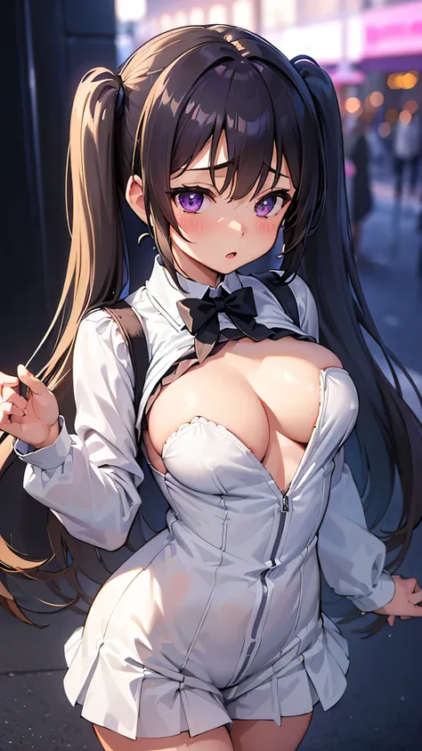 All intricate details: "(masterpiece, best quality, Onodera, 1girl, solo, blush, twintails, long hair, hair between eyes, ((very short street wear very short clothes)), city, outdoors, night, extremely detailed, firm breasts, medium breasts, smooth, high r...