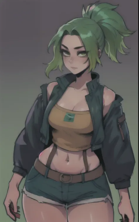 Best quality, masterpiece, (1 girl solo),exquisite facial features,Beautiful detailed eyes, 4K, HDR,  green hair, bright skin, micro shorts, cropped jacket, vest, hips, thick hips, ponytail,