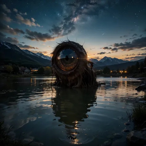 a giant eye emerges from the waters of a mountain lake. his reflection in the water is a real sight. the eye emerges from the wa...