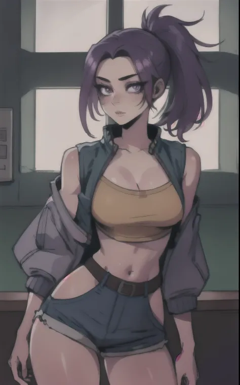 Best quality, masterpiece, (1 girl solo),exquisite facial features,Beautiful detailed eyes, 4K, HDR,  purple hair, bright skin, micro shorts, cropped jacket, vest, hips, thick hips, ponytail,