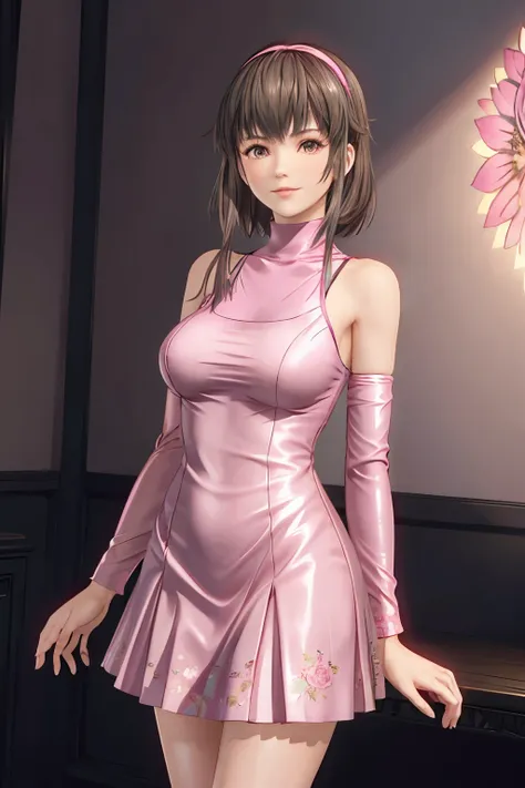 hitomi in a shiny_pink_チャイナdress_and_floral_pattern, rose_dress, shiny_fabric, smooth_dress, andても_short_dress, turtleneck, just...