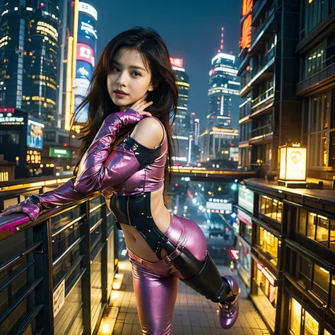 (highest quality、4k、8k、High resolution、masterpiece: 1.2)、Super detailed、(real、photorealistic、photorealistic: 1.37)、SF、beautiful young woman、bounty hunter、Cybernetic Weapons、cyberspace、High Tech City、Shining neon lights、((futuristic fashion))、((Skin-tight p...