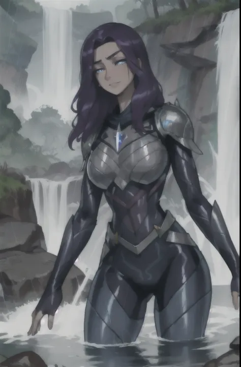 masterpiece, 1 girl, rainy jungle, heavy rain, waterfall, beautiful view, luxanna coronaguard, long purple hair, armor, breastpl...