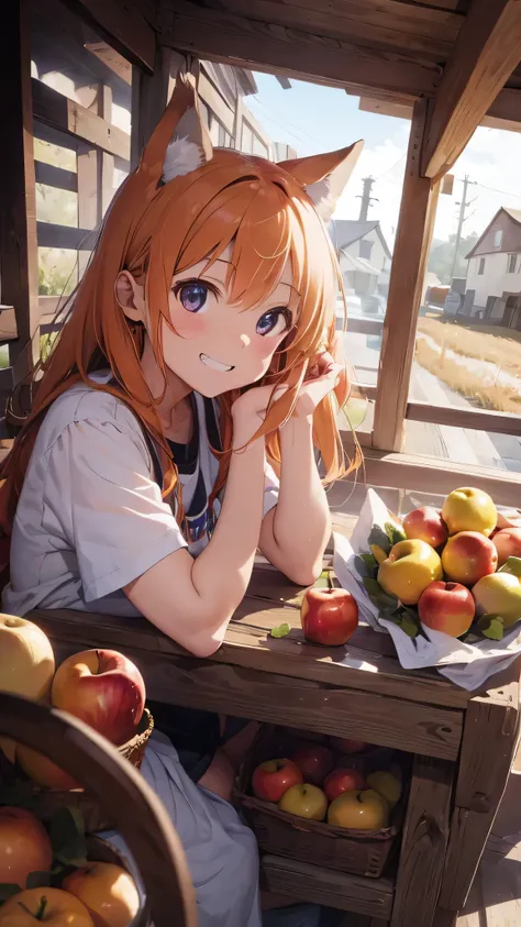 (best quality:1.2), (ultra detailed:1.2), ultra high resolusion, highres,8k, Country roads, wheat fields, hoodless horse-drawn carriage, "Spice and Wolf", Holo lying on a heap of apples piled up on a loading platform, grin, orange hair, long hair, wolf ear...