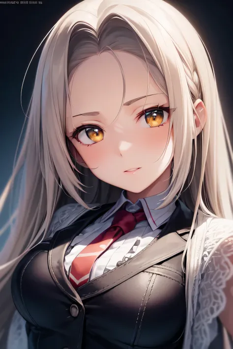 anime girl with long white hair and yellow eyes wearing a black vest, detailed portrait of anime girl, portrait anime girl, detailed digital anime art, stunning anime face portrait, beautiful anime portrait, portrait of an anime girl, anime girl portrait, ...