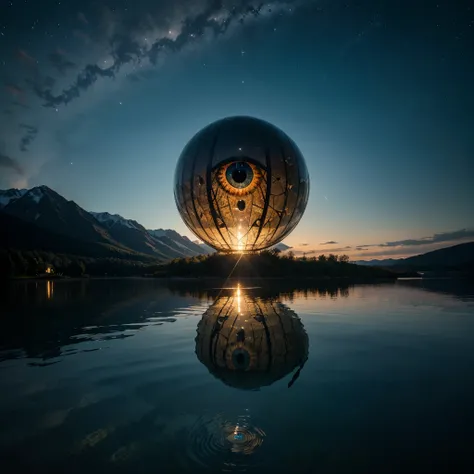 a giant eye emerges from the waters of a mountain lake. His reflection in the water is a real sight. The eye emerges from the waters during a starry night, high quality, realistic lighting, center of the picture, (a giant eye is reflected on the water), cl...