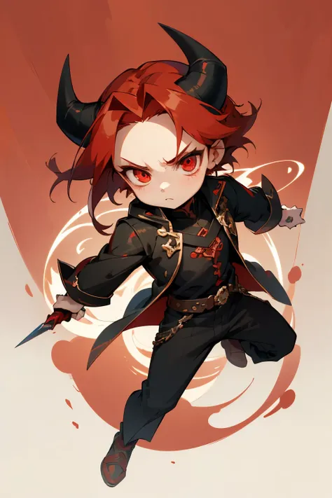 boy, swordman, full body, cartoon style, chibi style, cute, Demon horns from the forehead, beautiful face, red color eye, beautiful eye, high detailed pupil, double eyeylid, high detailed skin, high quality skin, red color hair, black clothes, masterpiece,