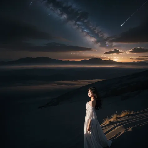 highest quality, masterpiece, ultra high resolution, (realistic:1.4), Raw photo, off shoulder, in the dark, deep shadow, discreet key, cold light, Where you can see the Telis cloud,sand漠の風景、Desert Rose、sand、(Star of the sky、milky way、nebula)、