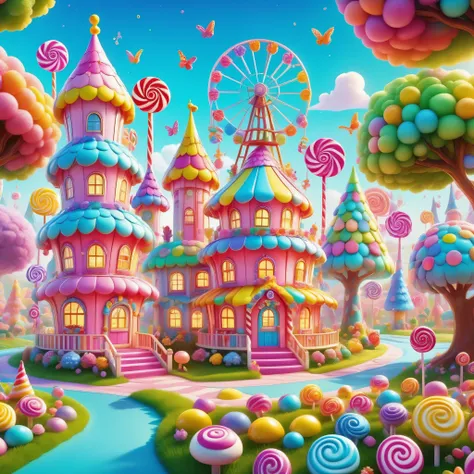 enchanted forest。candyland。Cake Castle。Candy Ferris Wheel。Candy Tree Candy Windmill,rich and colorful。colorful, cartoon style, led,Light,Little house made of candy, bright colors, High resolution, high quality, high detail, The art of math, fantasy, magic.