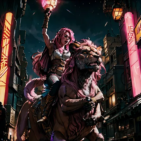 pink-haired girl riding a giant black lion, live action style, key visual, vibrant, studio anime, highly detailed, dark fantasy