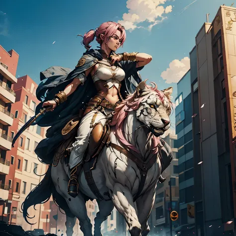 pink-haired girl riding a giant black lion, live action style, key visual, vibrant, studio anime, highly detailed, dark fantasy