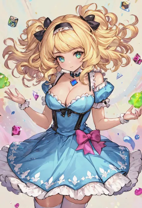 a beautiful 20 year old blonde woman with big messy hair in a blue dress, white stockings, black headband, cleavage, fantasy art style, rossdraws cartoon vibrant, alice x. zhang, alice in wonderland cyberpunk, cute detailed digital art, colorfull digital f...