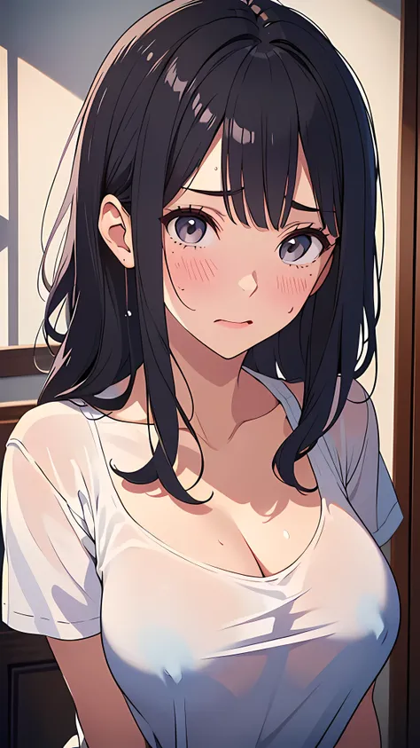 (masterpiece:1.6),(best quality1.6), (ultra high res1.2,perfect proportion,(dark hair:1), ( black hair:1),(beautiful Busty breasts:1.4), (beautiful woman:1.4),(medium hair:1.2),a mole around the mouth,(blush:1.2),(sexual ecstasy face:1.4) ,(aroused:1.4),(e...