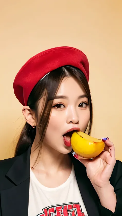 woman eating a banana with a bandana on her head,long hair、ponytail、big mouth、banana食べてる、 Taehyung eating Gucci fries, Jiminplump lips, banana hat, she is eating a peach, banana, she is eating a peach, mukbang, sakimichan, duck face, banana color, Inspired...