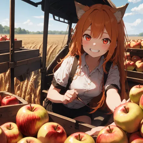 (best quality:1.2), (ultra detailed:1.2), ultra high resolusion, highres,8k, Country roads, wheat fields, hoodless horse-drawn carriage, "Spice and Wolf", Holo lying on a heap of apples piled up on a loading platform, grin, orange hair, long hair, red eyes...