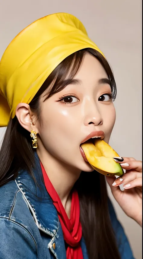 woman eating a banana with a bandana on her head, long hair、ponytail、big mouth、Taehyung eating Gucci fries, Jiminplump lips, banana hat, she is eating a peach, banana, she is eating a peach, mukbang, sakimichan, duck face, banana color, Inspired by Tang Si...