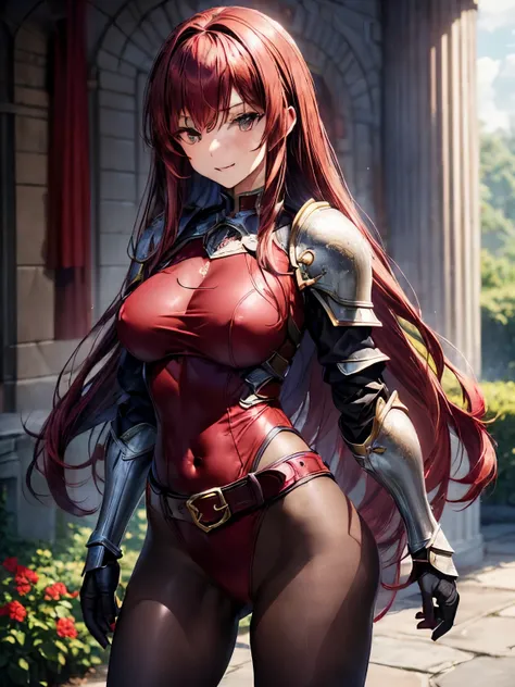 highest quality、nice sexy body、one woman、solo、((Beautiful busty woman:1.3))、((Woman with dark red hair:1.3))、straight hair woman、long hair woman、female knight、(A woman wearing a dark red leotard:1.3)、((woman with full armor:1.3))、((Woman with belt))、woman ...